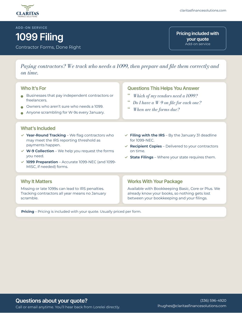 1099 Filing service sheet from Claritas Finance Solutions: who it's for, what's included and pricing.