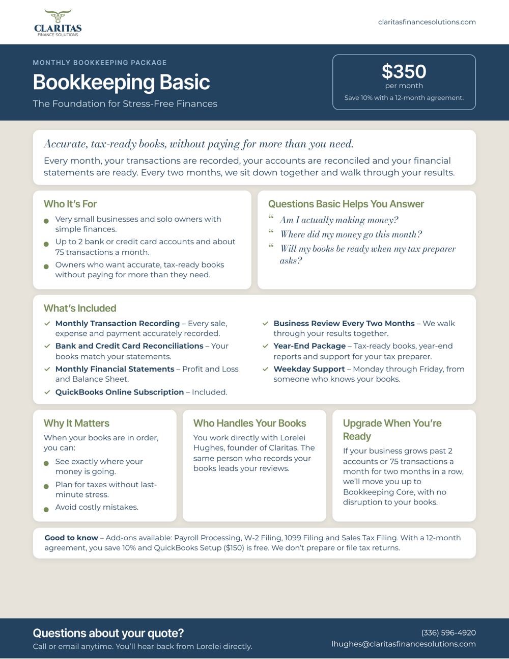 Bookkeeping Basic service sheet from Claritas Finance Solutions: who it's for, what's included and pricing.