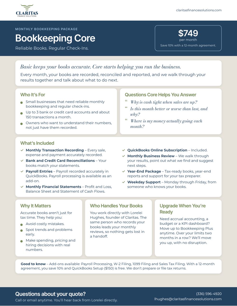 Bookkeeping Core service sheet from Claritas Finance Solutions: who it's for, what's included and pricing.