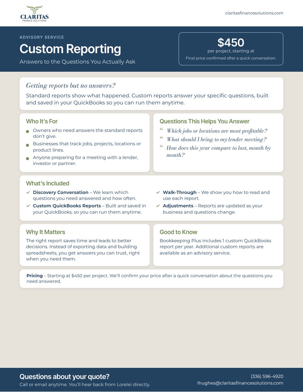 Custom Reporting service sheet from Claritas Finance Solutions: who it's for, what's included and pricing.
