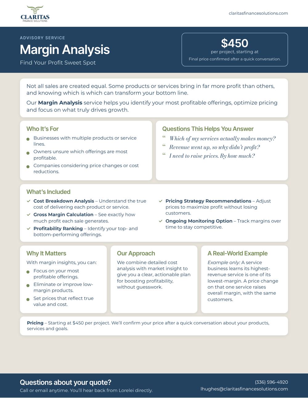 Margin Analysis service sheet from Claritas Finance Solutions: who it's for, what's included and pricing.