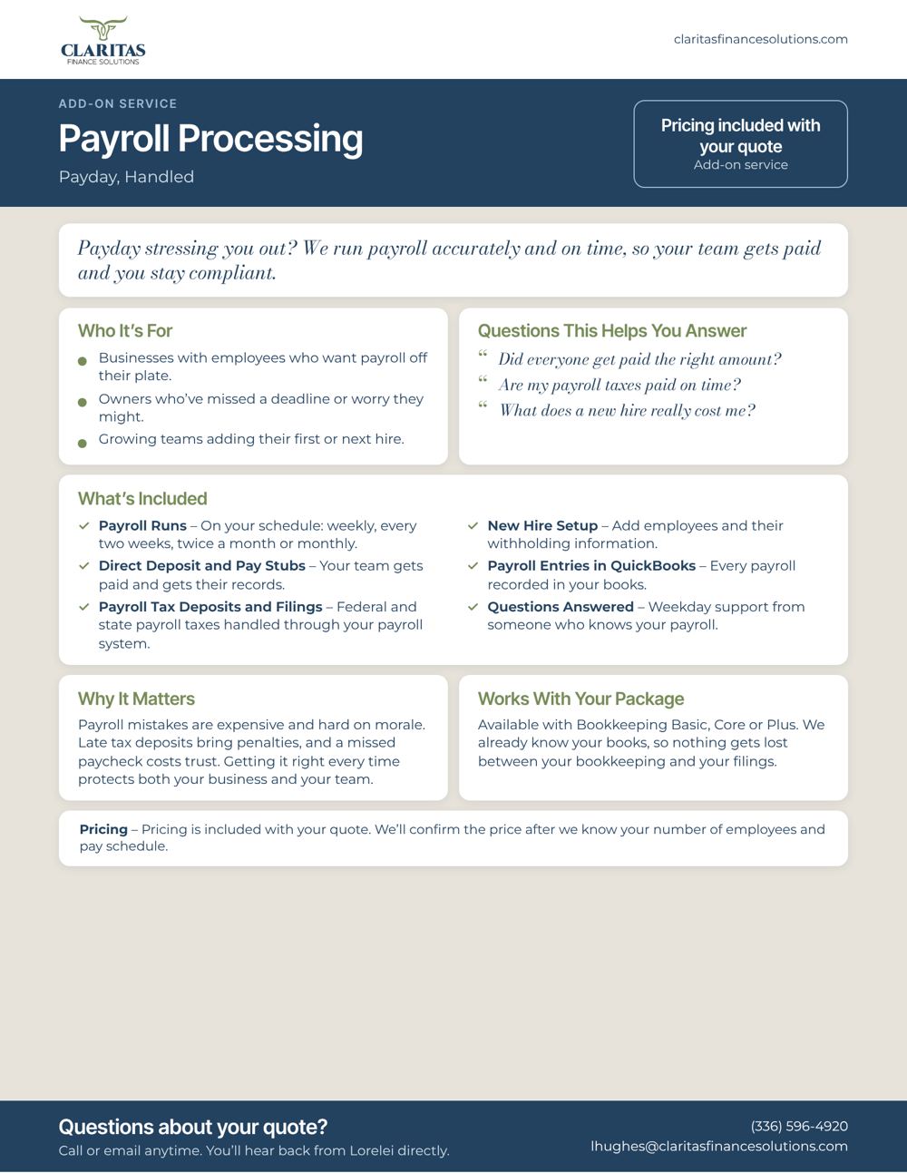 Payroll Processing service sheet from Claritas Finance Solutions: who it's for, what's included and pricing.