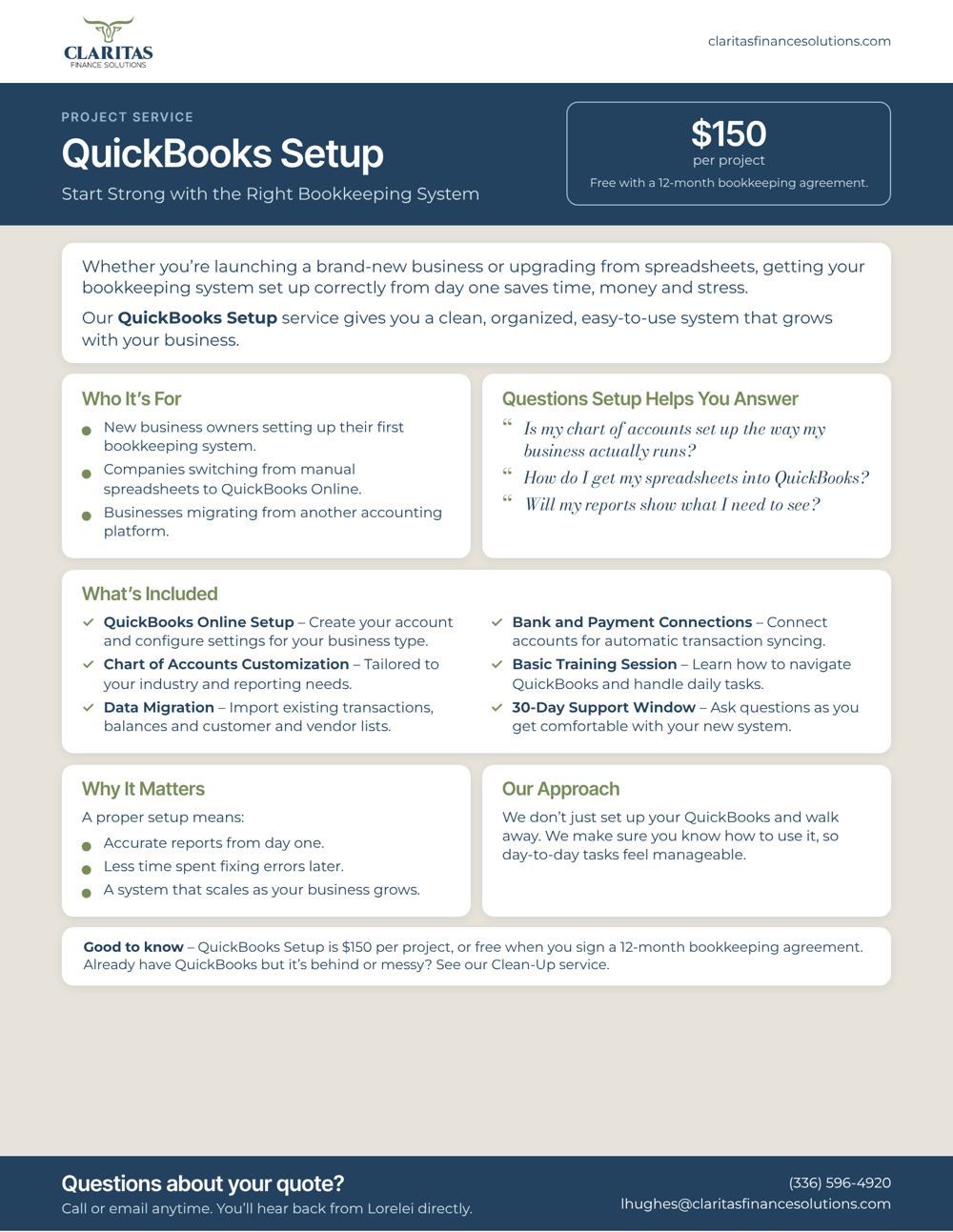 QuickBooks Setup service sheet from Claritas Finance Solutions: who it's for, what's included and pricing.