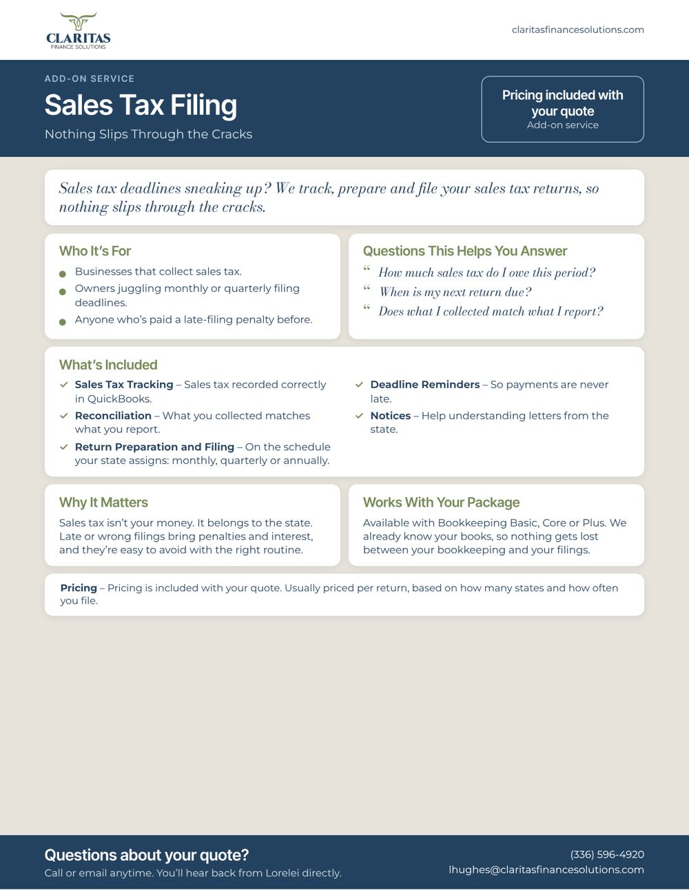 Sales Tax Filing service sheet from Claritas Finance Solutions: who it's for, what's included and pricing.