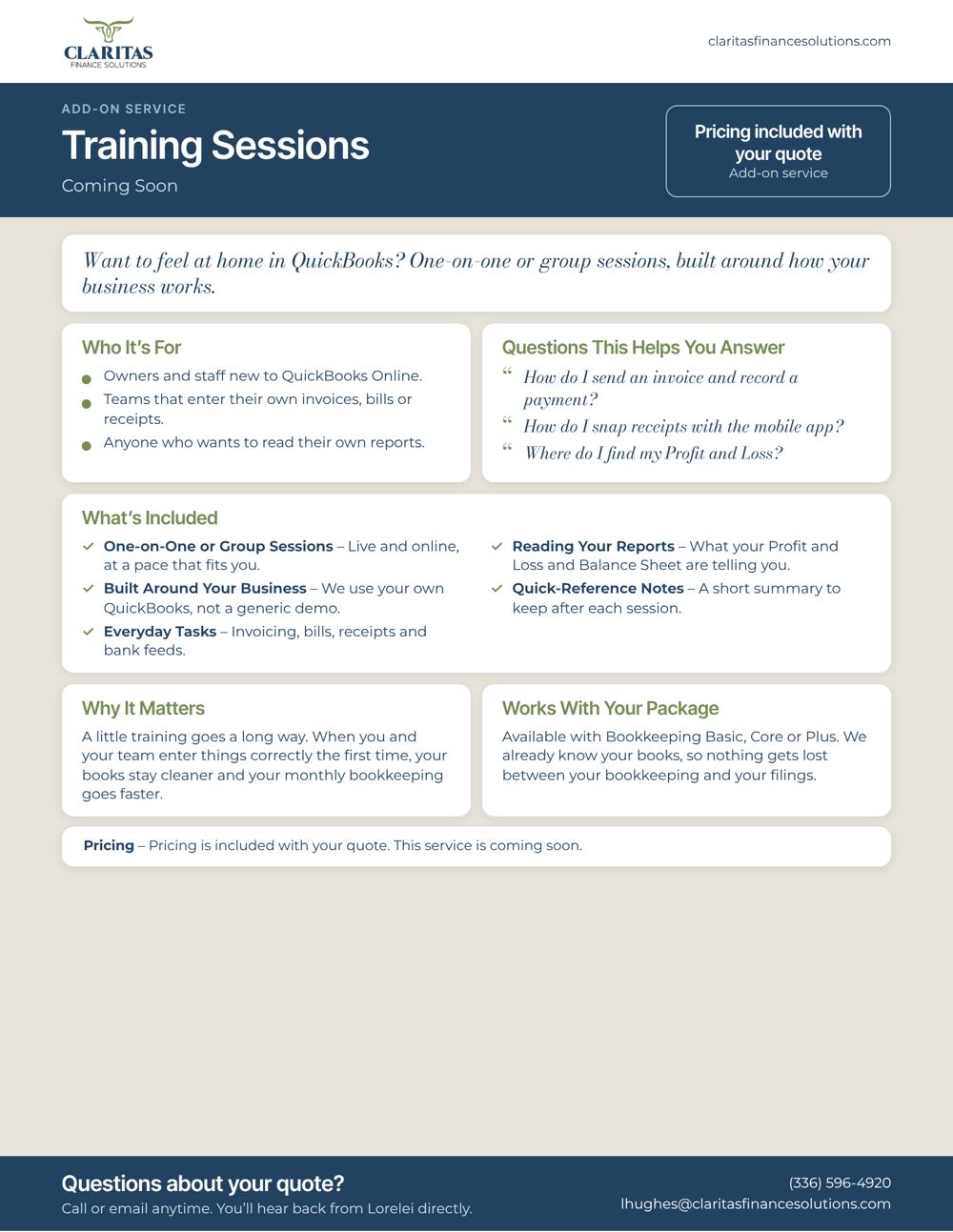 Training Sessions service sheet from Claritas Finance Solutions: who it's for, what's included and pricing.