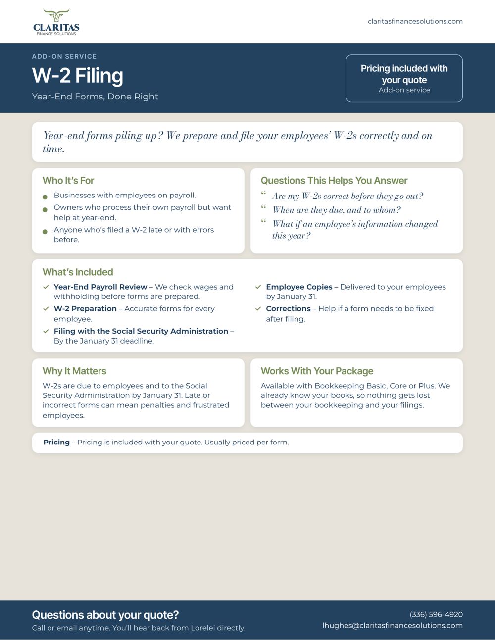W-2 Filing service sheet from Claritas Finance Solutions: who it's for, what's included and pricing.